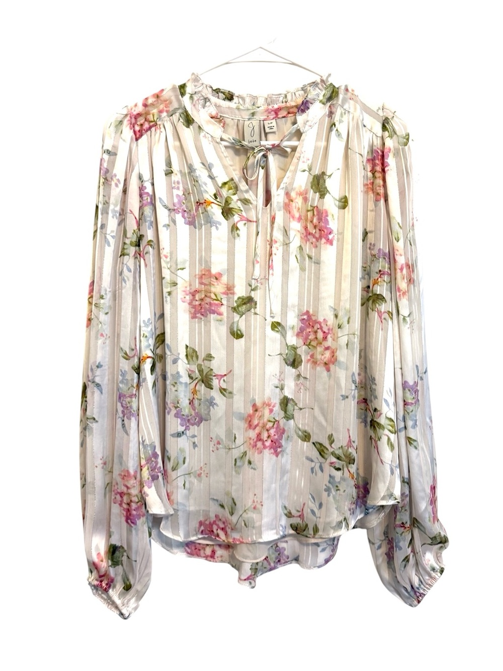 Joie Floral Metallic Stripe Long Sleeve Tie Neck Blouse Small Romantic Boho